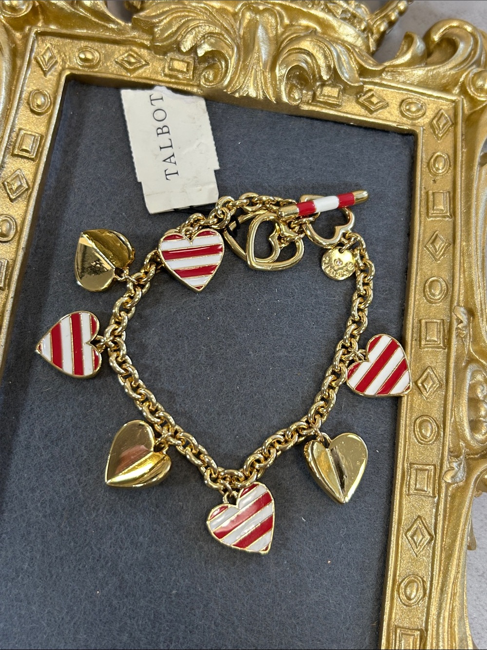 Talbots Gold-Tone Heart Charm Bracelet with Red and White Enamel